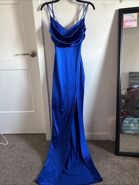 Windsor Royal Blue Satin Cowl Neck Prom Dress with Thigh Slit